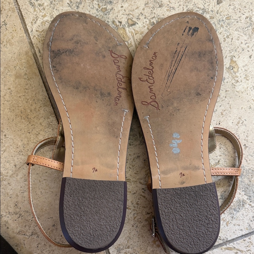 Sam Edelman Brown Leather Floral T‑Strap Sandals with Orange Accent - Picture 3 of 4